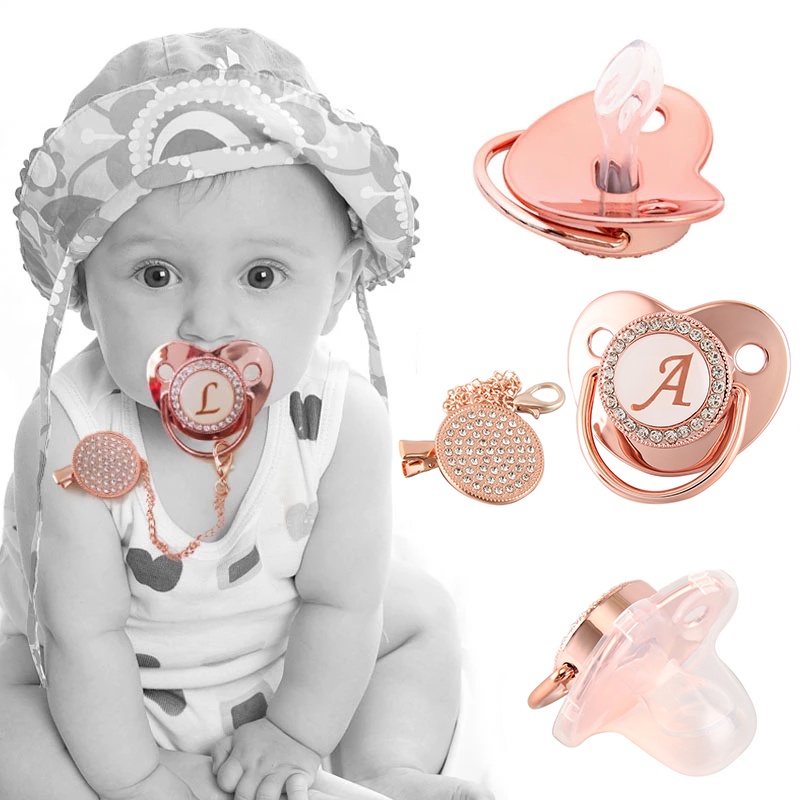 Nome Letras Iniciais Chupeta Bebê De Silicone Rosa De Ouro Que Bling Infantil Bico BPA Livre
