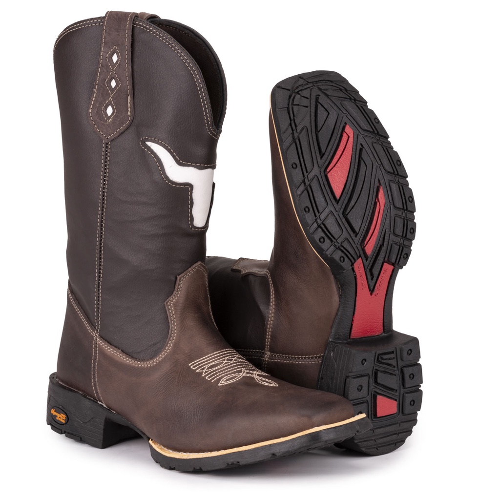 Bota Texana Masculina Country Bico Quadrado Solado De Borracha Touro Vazado