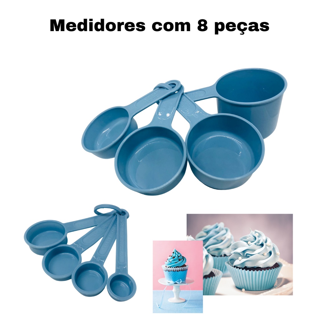 Medidores Azul Jeans xícaras e colheres com 8 peças