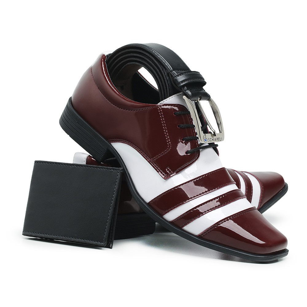 Kit Sapato Social Italiano 840 Cores Com Cinto E Carteira Masculino Conforto Casual Verniz Brilho