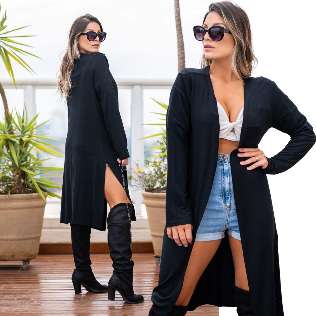 Cardigan Feminino Longo com Fenda Lateral Confortável e Versátil Outono Inverno