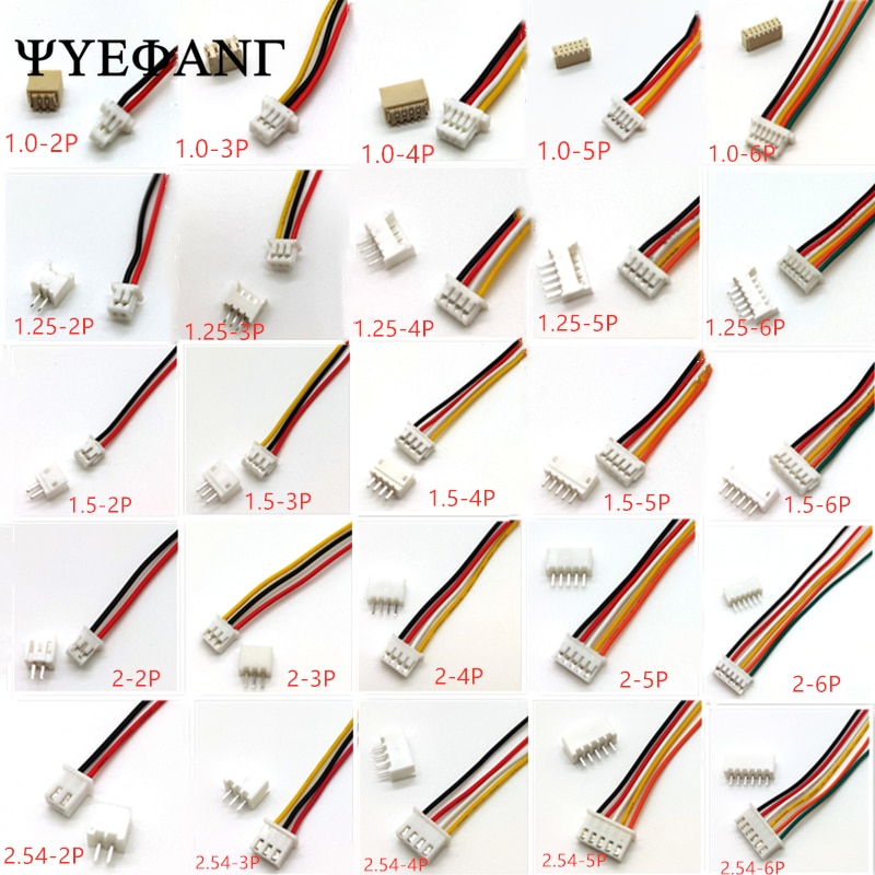 Conjuntos 10 Sh 1.0 Milímetros Jst 1.25 Milímetros Zh 1.5 Milímetros Ph 2.0 Xh 2.54 Milímetros 2pin / 3 / 4 / 5 / 6 / 7 / 8 / 10 P Masculino & Feminino Plug Conector Com 100 Milímetros De Comprimento Do Fio