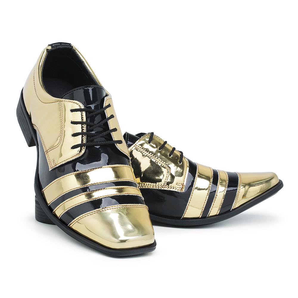 Sapato Social Masculino Italiano 840 Dourado Preto Conforto Casual Verniz Brilho Moderno Casamento