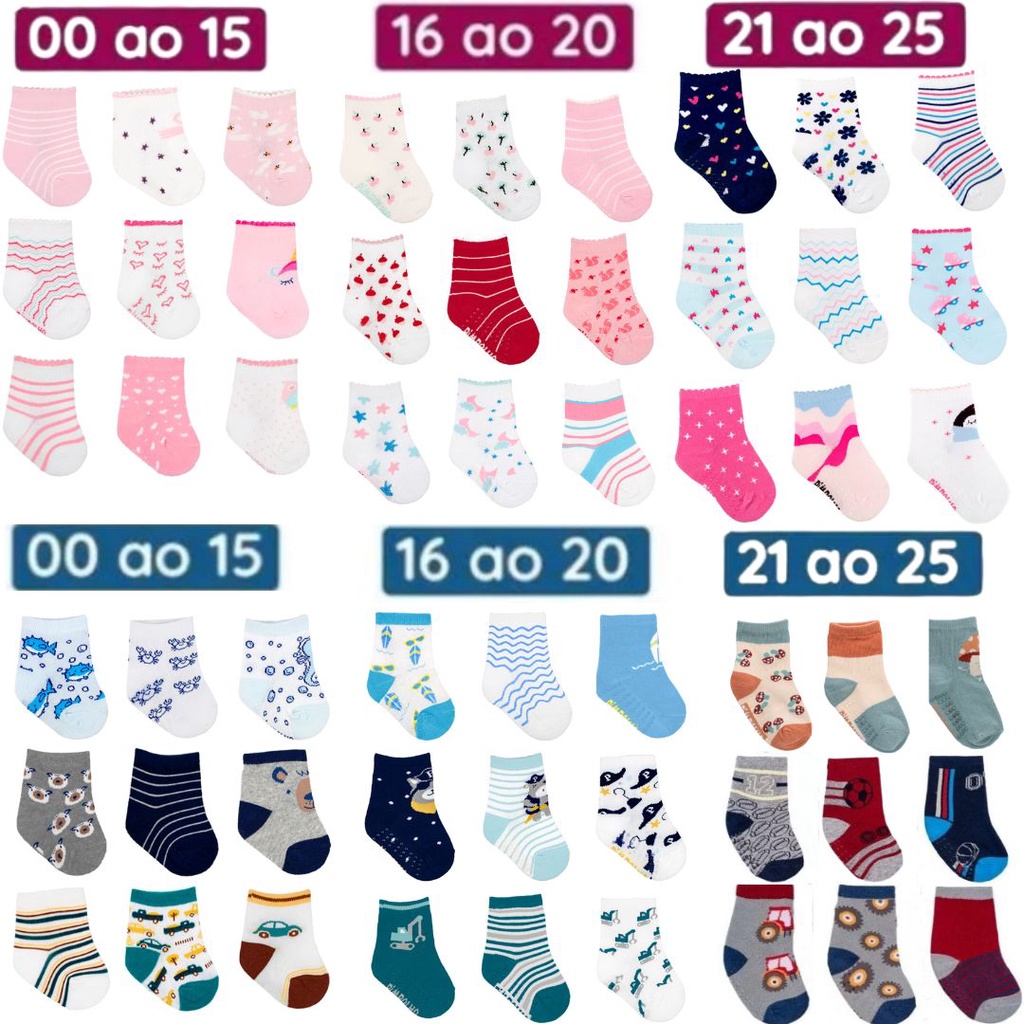 Kit 6 Pares Meia Estampada Pimpolho Antiderrapante Menina/Menino 0 A 25