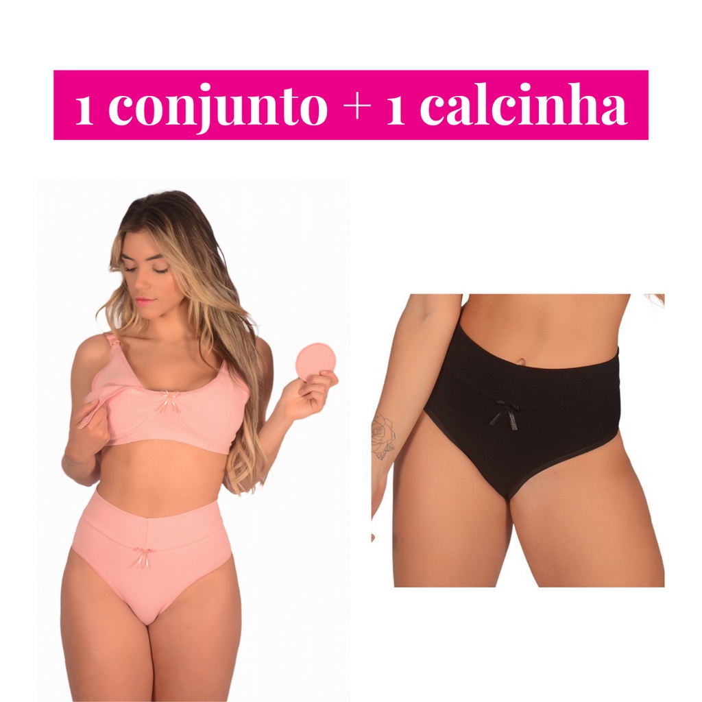 Kit 1 Conjunto Amamentação Algodão +1 Calcinha Pós Parto / Sutiã para Amamentar Reforçado sem Bojo e Calsinha com Cós Alto Cintura Alta Maternidade Sutian Gestante Grávida Soutien Feminino Lingerie
