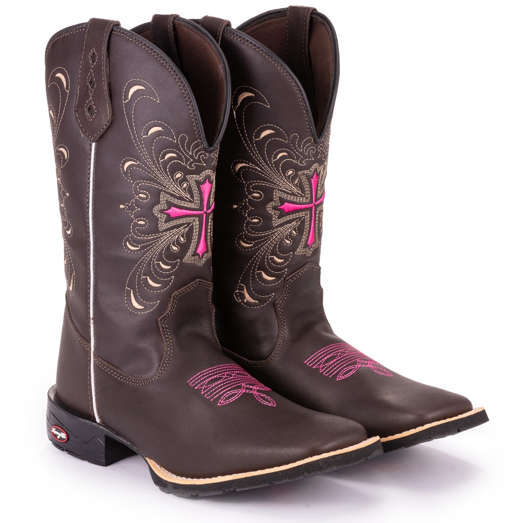 Bota Texana Feminina Country Bico Quadrado Solado De Borracha Cruz Normal Rosa