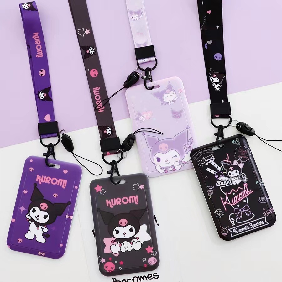 Bonito Dos Desenhos Animados Kuromi Caso Do Cartão Chaveiro Limitada Cordão Pingente De Ônibus Campus De ID Proteção