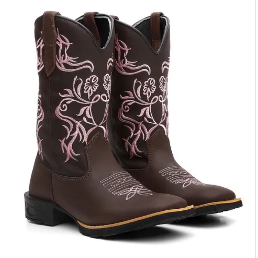 Bota Texana Feminina Country Bico Quadrado Solado De Borracha Tribal Rosa