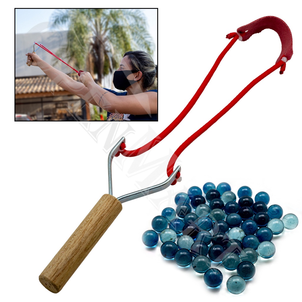 kit 1 Atiradeira Estilingue Super Reforçado em Ferro e Madeira + 50 bolinhas de vidro 18mm