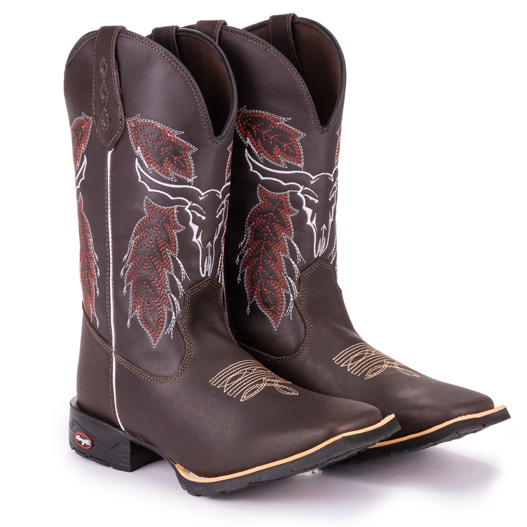 Bota Texana Masculina Country Bico Quadrado Solado De Borracha Cara De Boi Café
