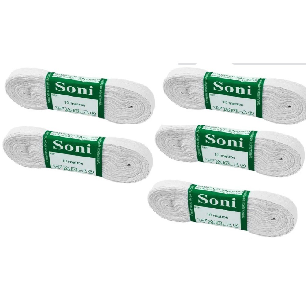 Kit C/5 Cadarço Sarjado Branco Soni 10 Metros Rolo
