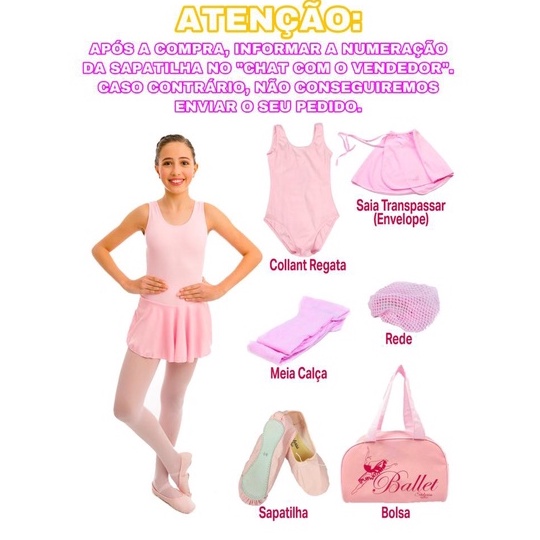 Kit Ballet Balé Infantil Uniforme/ Collant Regata + Saia + Meia + Sapatilha + Redinha + Bolsa