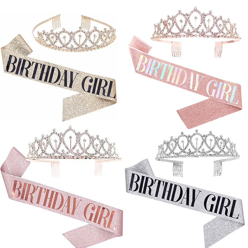 2 Pçs/Set Cinto De Ombro Feliz Aniversário De Glitter Cetim Sash Mermaid Birthday Girl Fitas E Coroa Fontes Do Partido