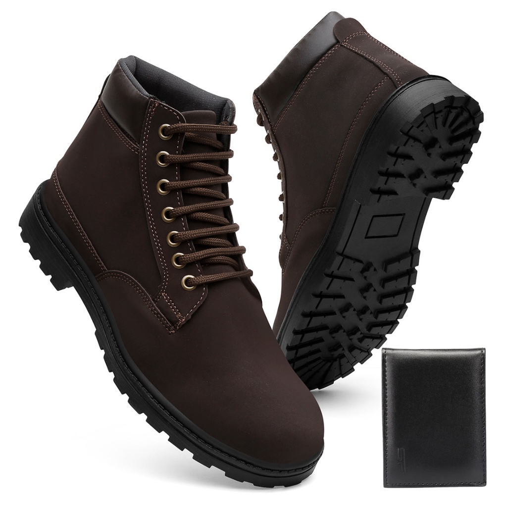 Bota Masculina Casual Couro Vegano Marrom Conforto e Qualidade Promoção + Carteira