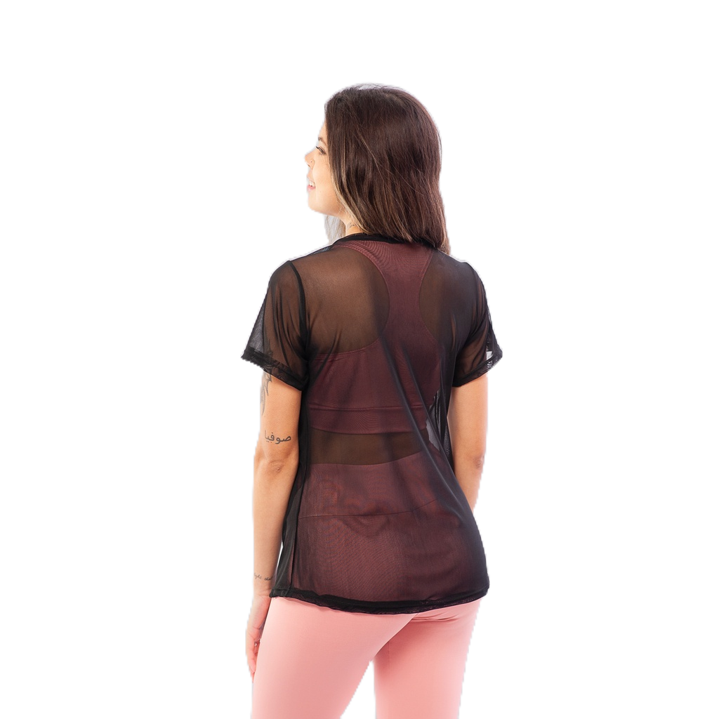 Blusa Feminina de Tule Transparente com Manga Roupa de academia Moda fitness
