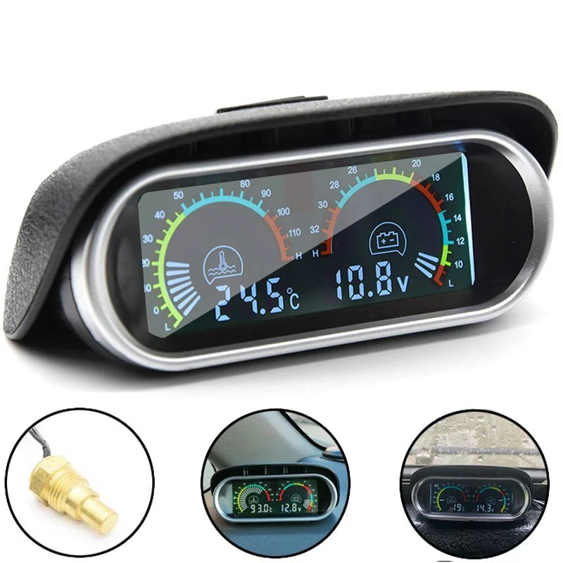 2-EM-1 horizontal 12v/24V LCD voltímetro digital do caminhão automotivo, voltímetro universal da temperatura da água