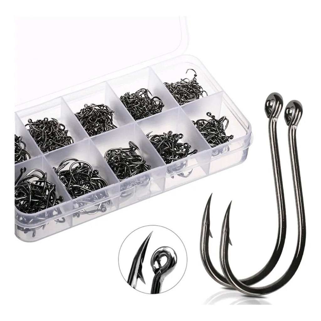 Kit 600 Anzóis Pesca Aço Carbono Nº3 ao Nº12 com Caixa Organizador