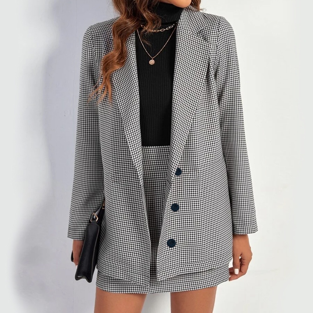Conjunto Blazer E Saia Feminino Alongado Jaqueta - Xadrez