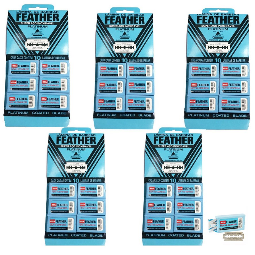 5 Cartelas Lâmina Para Barbear Feather Platinum Aço Inoxidável Com 60un Cada