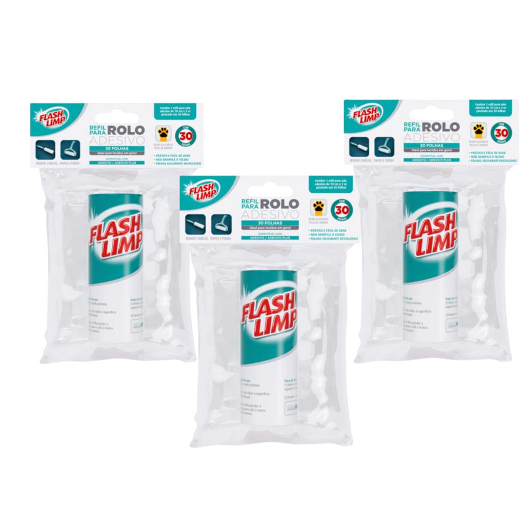 3 Refil Para Rolo Adesivo Tira pelo com 30 Folhas Flash Limp