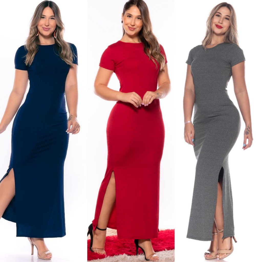 Vestido Manga Canelado com Manga Curta Feminino Longo com Fenda Gestante Social Evangélico Blogueira Sexy Grávida