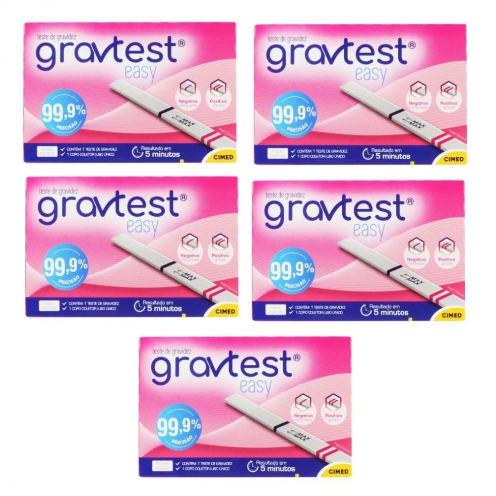 Kit C/5 Cimed Gravtest Easy Original Teste de Gravidez 99,9% Precisão