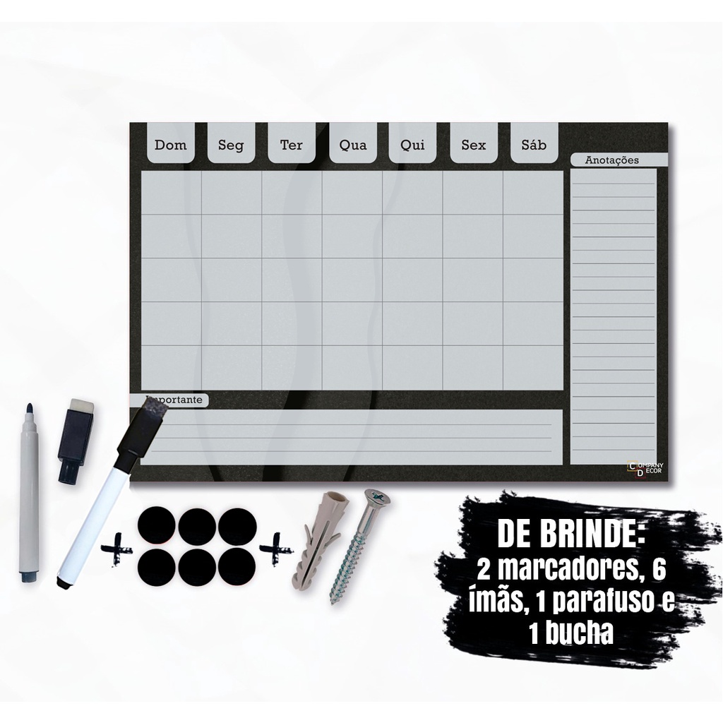 Quadro Lousa Planner Office  + 2 Canetas, 6 imãs, parafuso e bucha