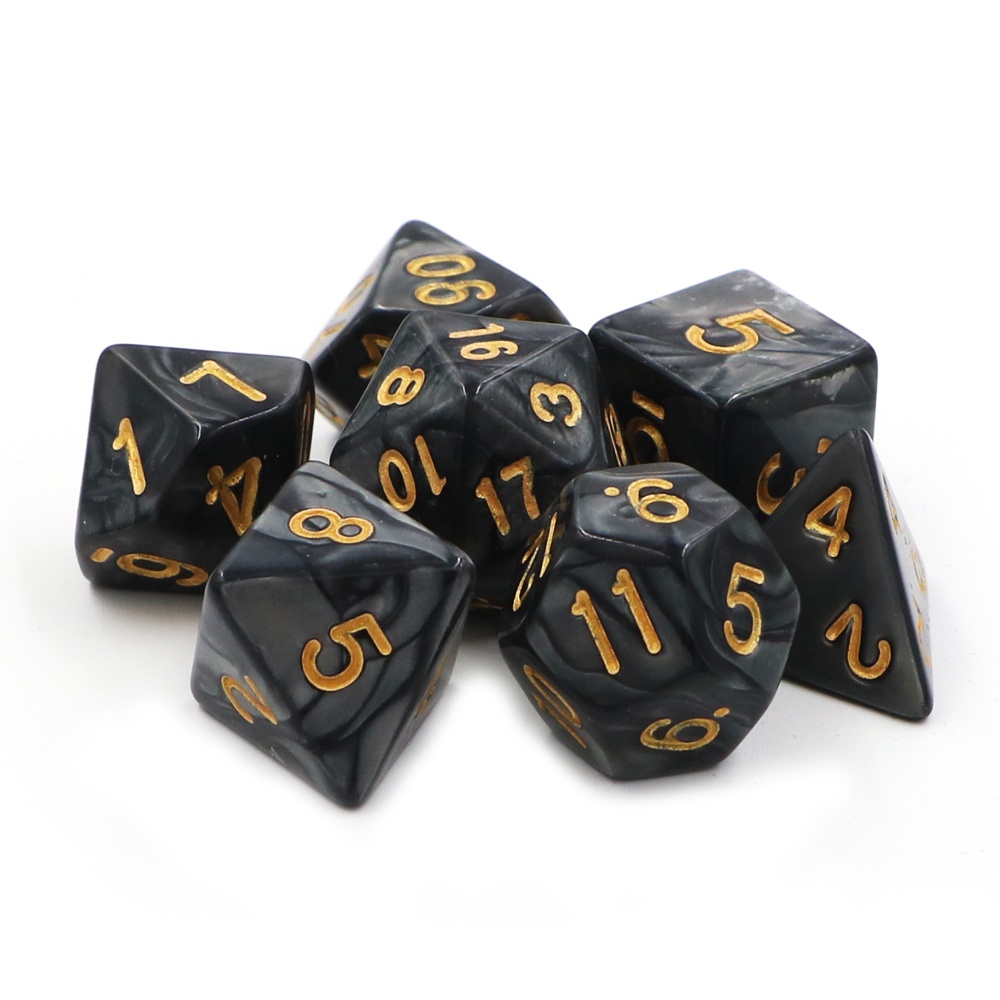 Conjunto 7 Dados Rpg D&d Preto Dourado Marmorizado + 1 Bolsa