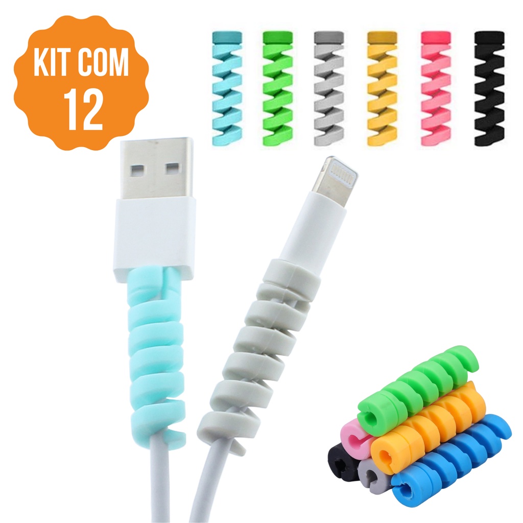 Kit 12 Protetores Cabo Espiral Carregador Celular Silicone Anti Quebra Usb Colorido