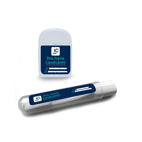 50 unidades de cada Escova Viagem + Fio Dental 25 mts Personalizados em Adesivo- Enviar arte via Chat após compra