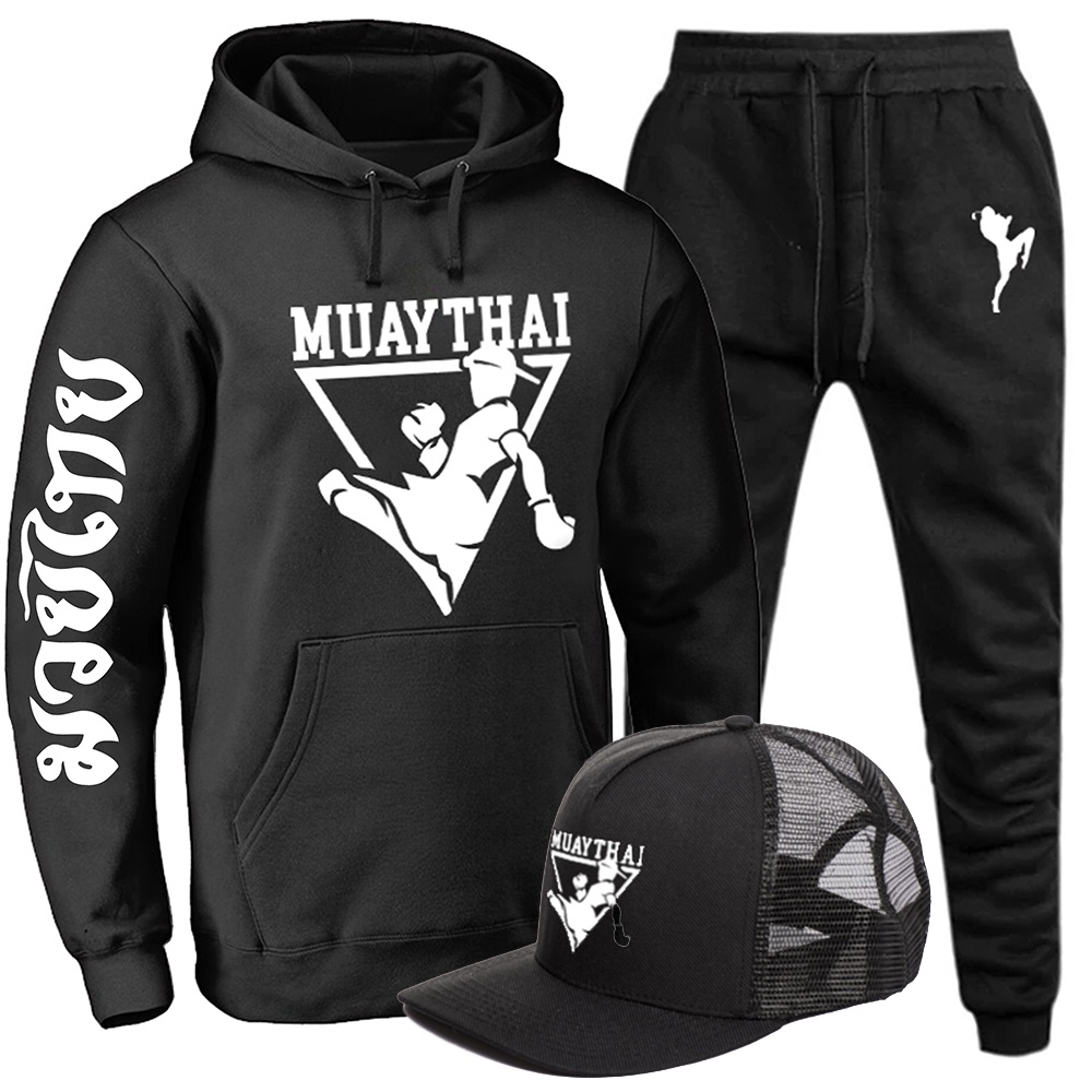 Conjunto Abrigo de Moletom Luta Blusão + Calça + Boné Muay Thai Mod