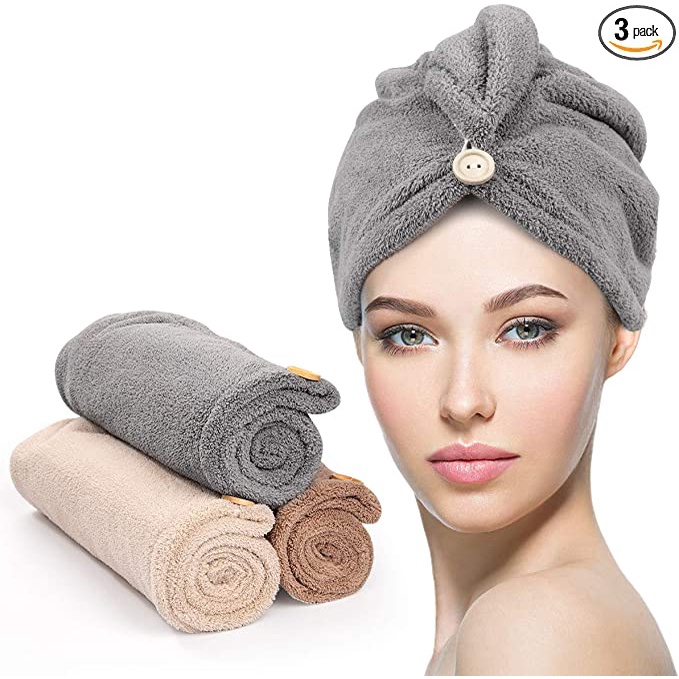 Kit C/3 Toalha Microfibras Com Botão Grossa Mágica Para Cabelo Secar Rápido Touca Banho Casa Promoção