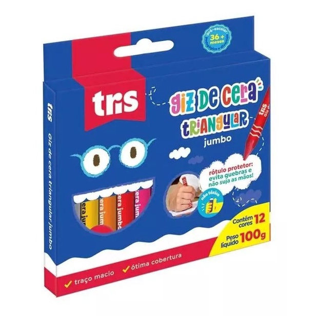 Giz De Cera Triangular Jumbo 12 Cores 100g Tris
