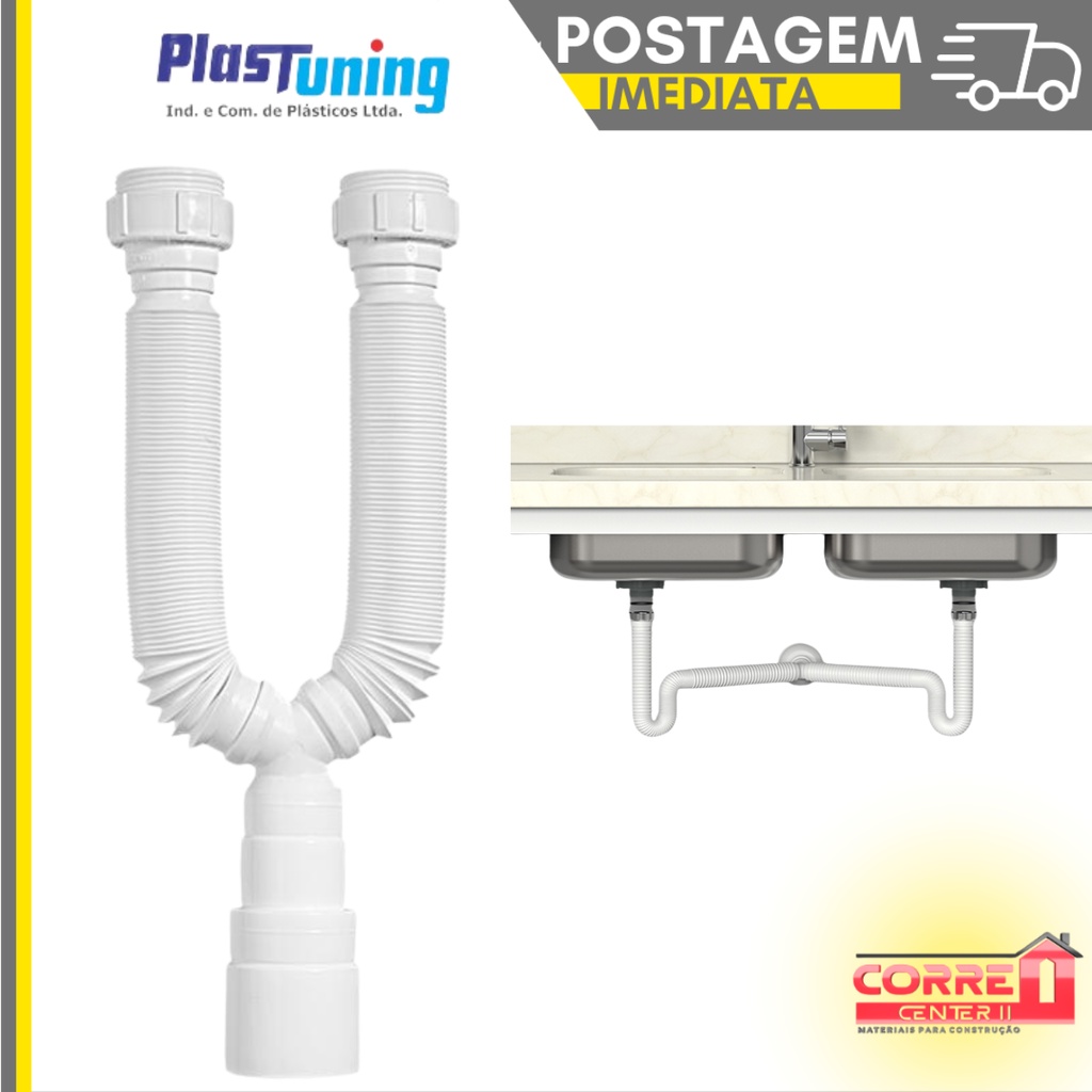 Sifão Sanfonado ( DUPLO PLASTUNING ) Pia Flexível Extensível Universal Branco Para Cuba Banheiro, Cozinha, Tanque