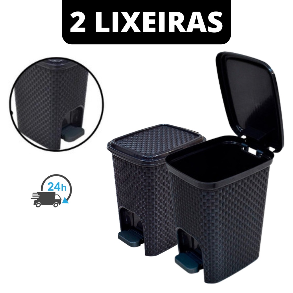 2 Lixeiras Com Pedal 7 Litros Com Tampa Preto Rattan Casa Escritório Banheiro Cozinha Lixo Lixeira