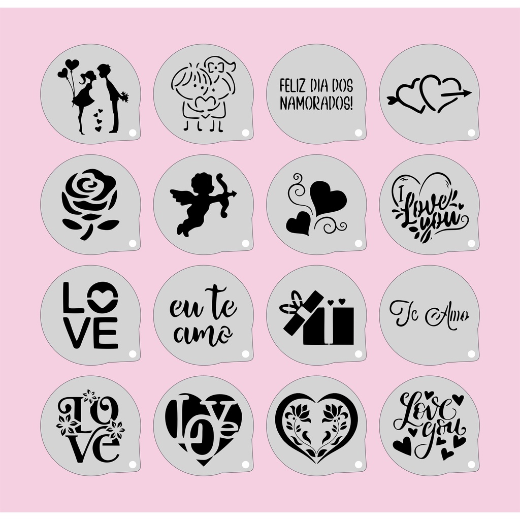 kit Stencil dia dos Namorados 16 Moldes 7x7cm ,