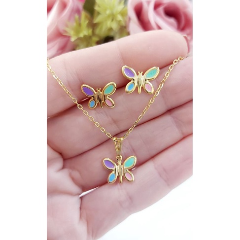 Colar e Brinco infantil folheado a ouro 18k menina Flor, borboleta, unicórnio,  gato