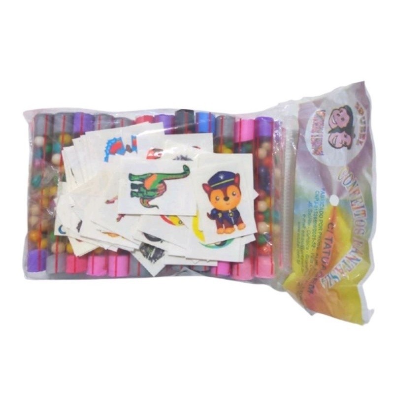 50 Tubinhos com Balinha + 50 Tatuagens Temporárias Lembrancinha Aniversário