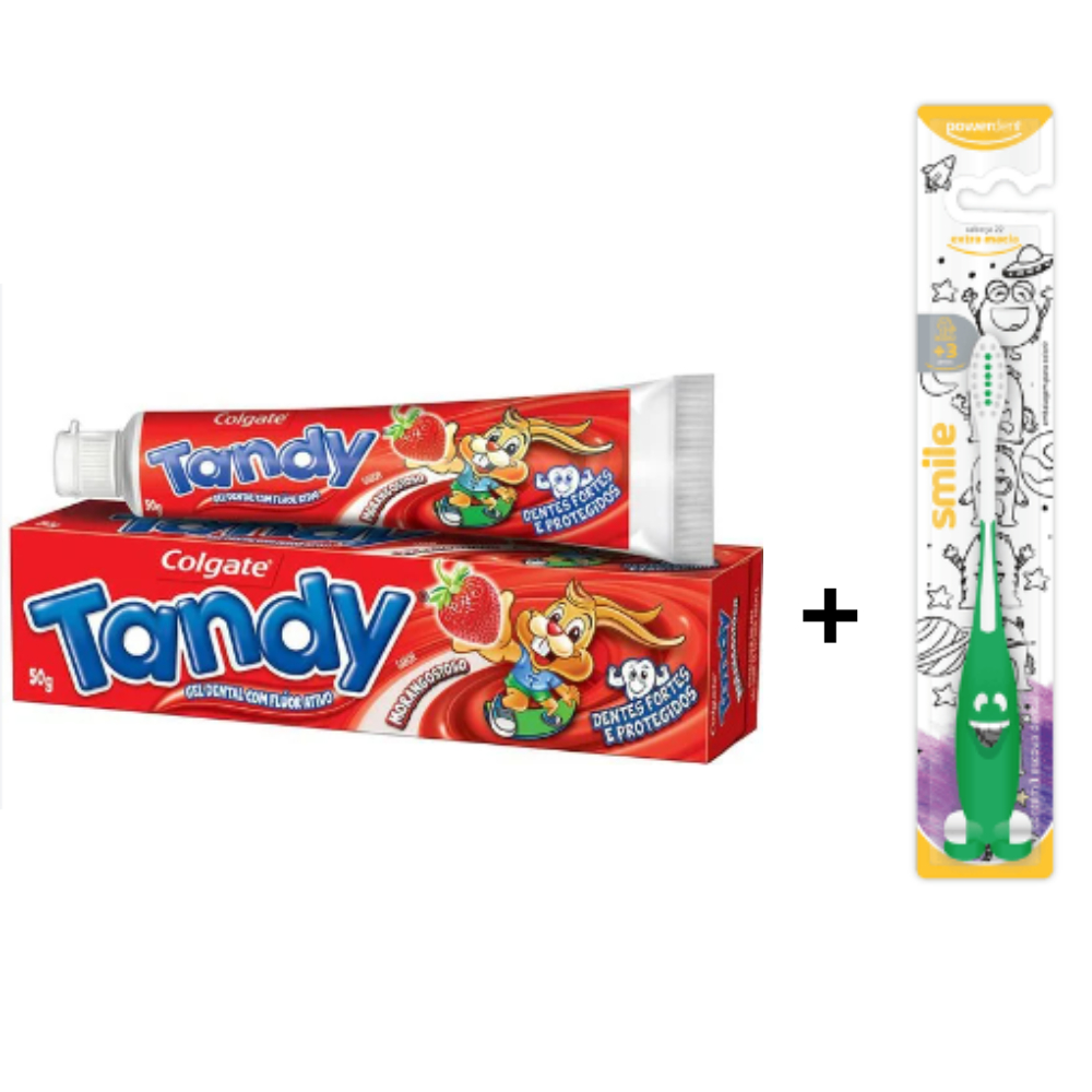 Escova de dentes Smile c/ ventosa extra macia Powerdent + Pasta Gel dental Infantil COM fluor Tandy
