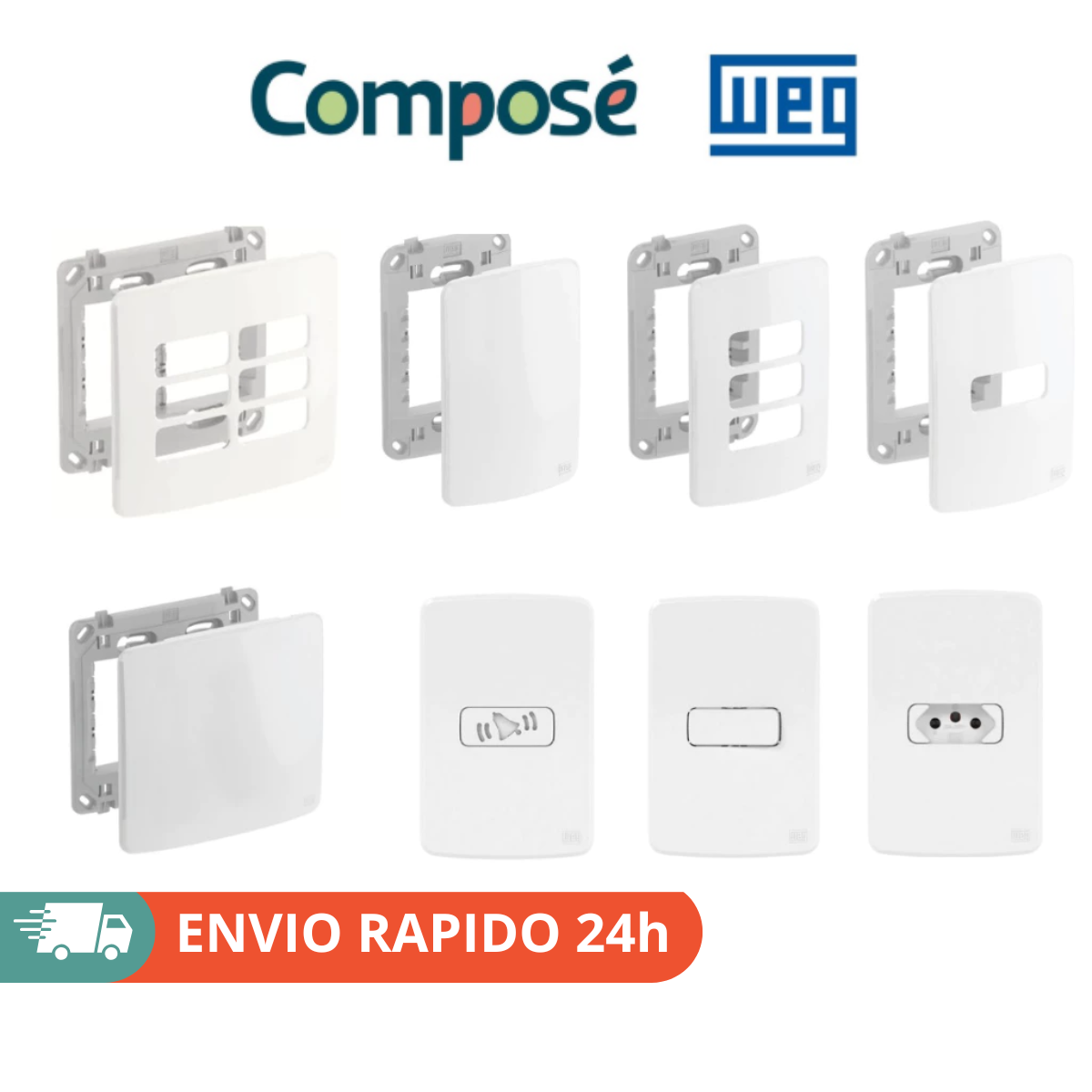 Tomadas 10A/20A , Interruptores Simples/Paralelos , Placa Cega e Linhas Modulares/RJ11 WEG Compose