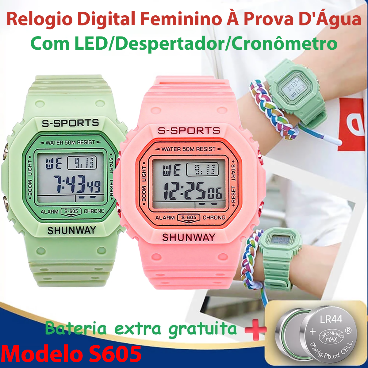 Relógio Digital Feminino à Prova D'água Com LED Alarme Cronômetro Presente Pra Namorada Ou Mulher