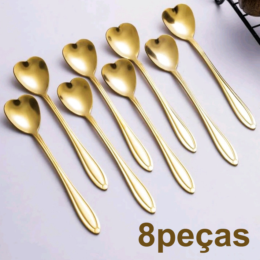 8 peça Colher de Café Design de Coração Aço Inoxidável Colher para Bolo