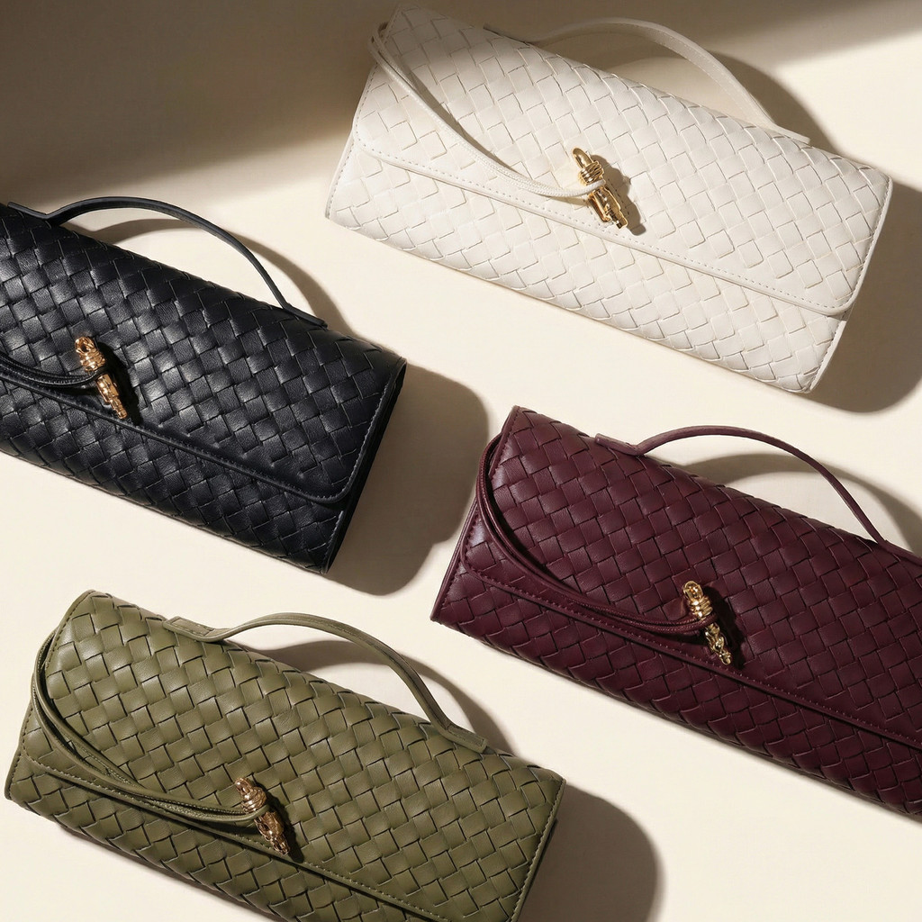Bolsa Feminina Mão Transversal Ombro Clutch Noite Trançada Couro PU Vegan Festa Balada Casamento Alça Ajustável