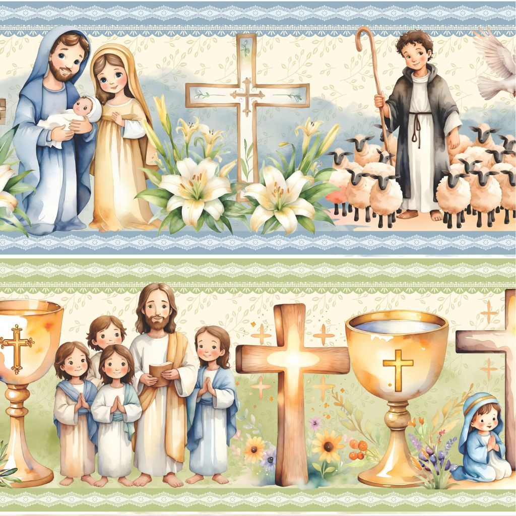 Tricoline Digital Algodão 100% Barrado Sagrada Família Toalha Pano de Prato Atêlie Bibi