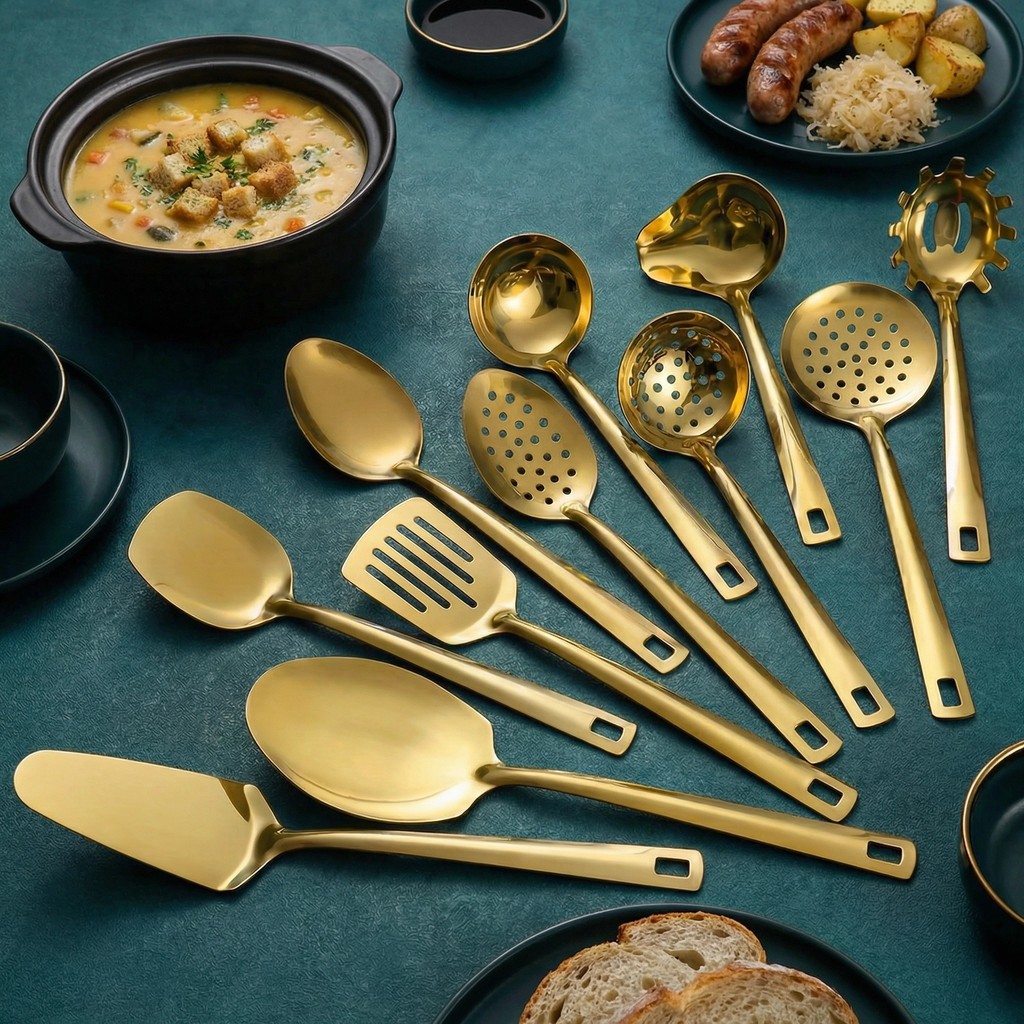 Kit 11 Peças Utensílios de Cozinha Dourado aço inoxidável Espátula Colher Concha Escumadeira Pegador de Pizza