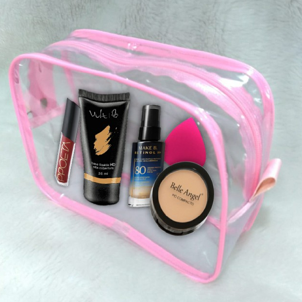 Necessaire transparente com detalhes rosa bebê decoração  23X15x8cm