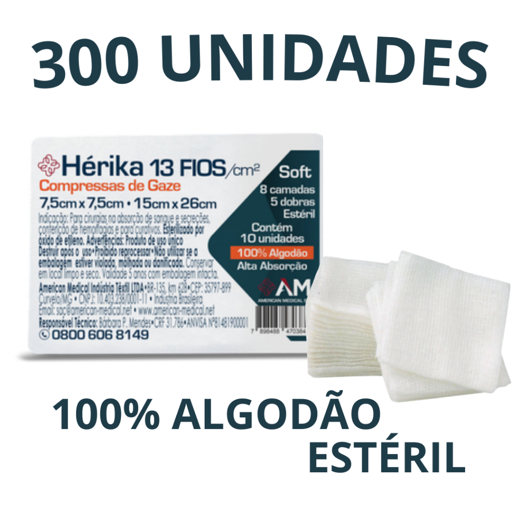 Compressa de Gaze Esteril Hérika Hidrófila 300 Unidades de Gaze Esteril 13 Fios -7,5x7,5cm - 15x26cm