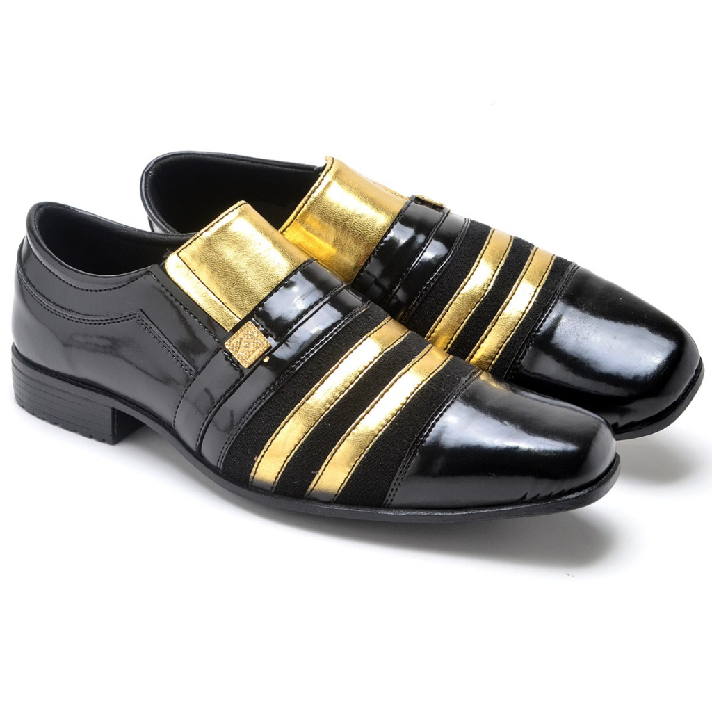 Sapato Social Masculino Verniz Preto Dourado Detalhe em Metal Elegante