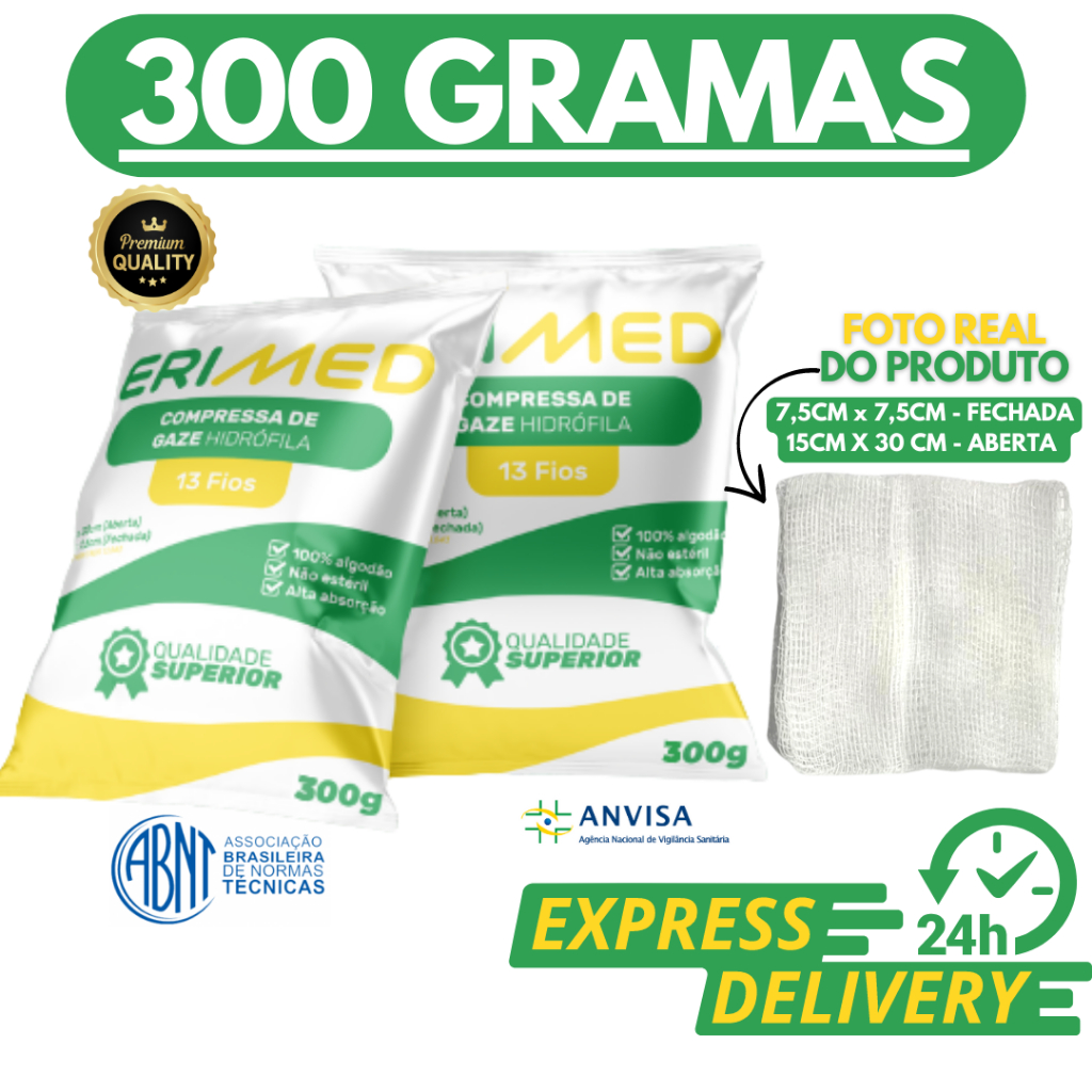 Compressa De Gaze 13 Fios 500 Unidades Hidrófila Gazes Descartável Anvisa 300 Gramas Erimed ErimaX