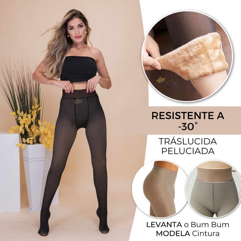Meia-Calça Térmica Forrada Peluciada Translúcida p-g de Lã Legging Grossa Inverno Quente Feminina